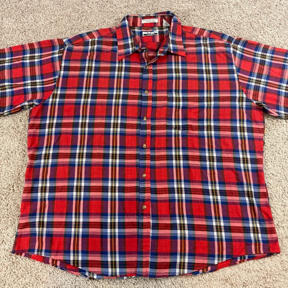 Vintage Key Elements Plaid Shirt Mens 2X Red Good Short Sleeve Button Up Pocket